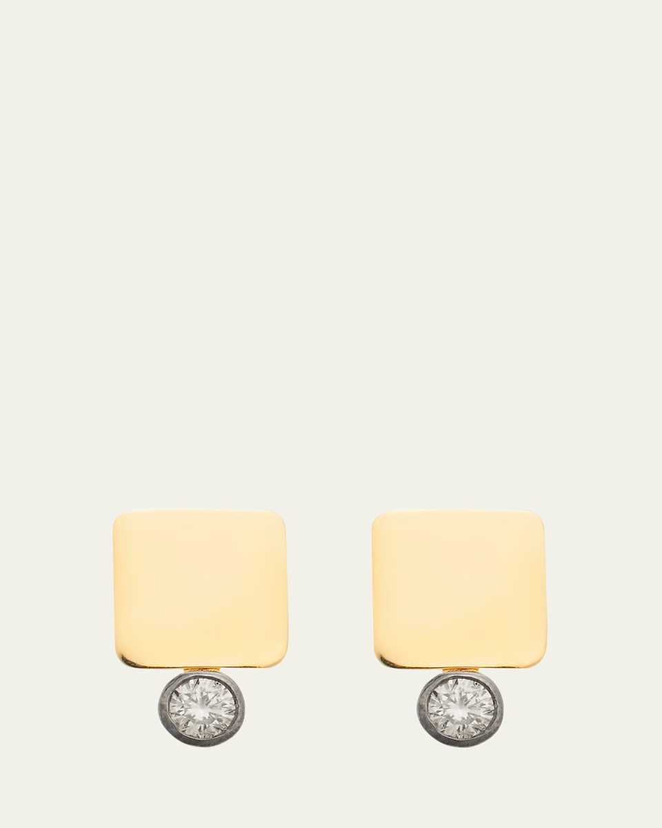 18K Yellow Gold Large Tile Stud Earrings with Floating Champagne Diamonds